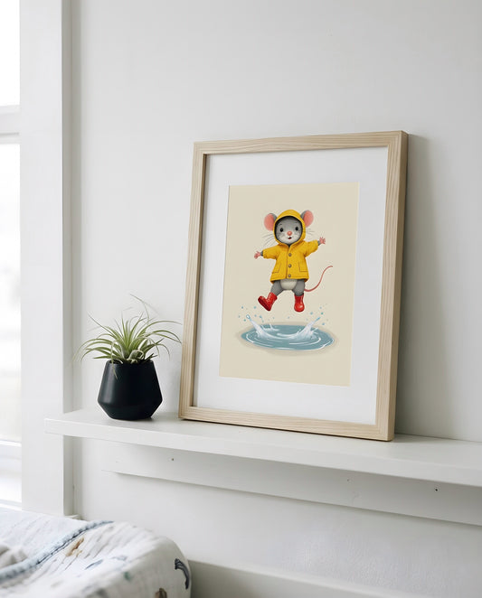 Nursery Retro Flat Character Mouse Puddle Jump Printable Wall Art — propped on a shelf with decor