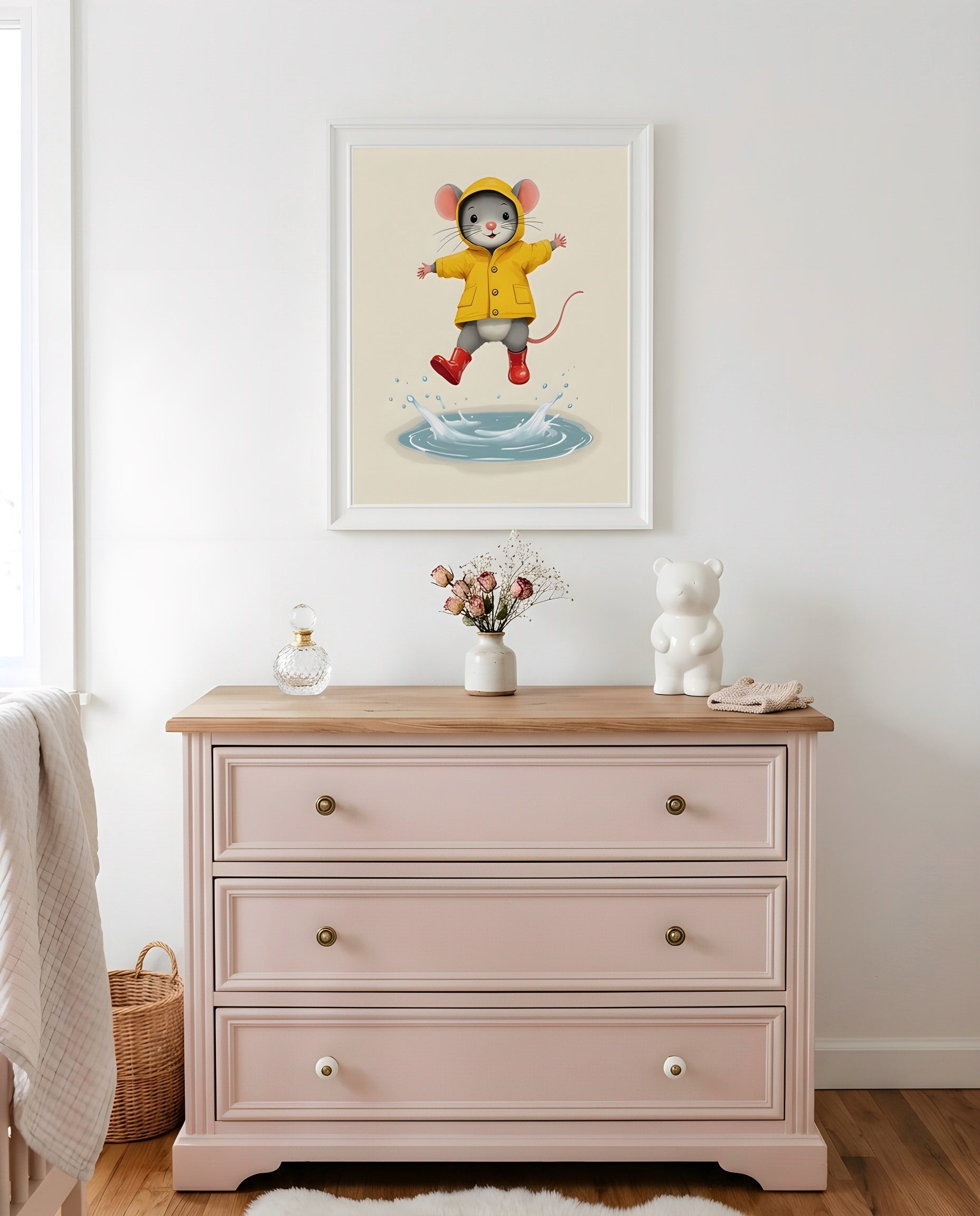 Nursery Retro Flat Character Mouse Puddle Jump Printable Wall Art — hung above a dresser on a warm-toned wall