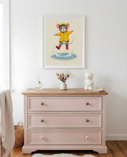 Nursery Retro Flat Character Mouse Puddle Jump Printable Wall Art — hung above a dresser on a warm-toned wall