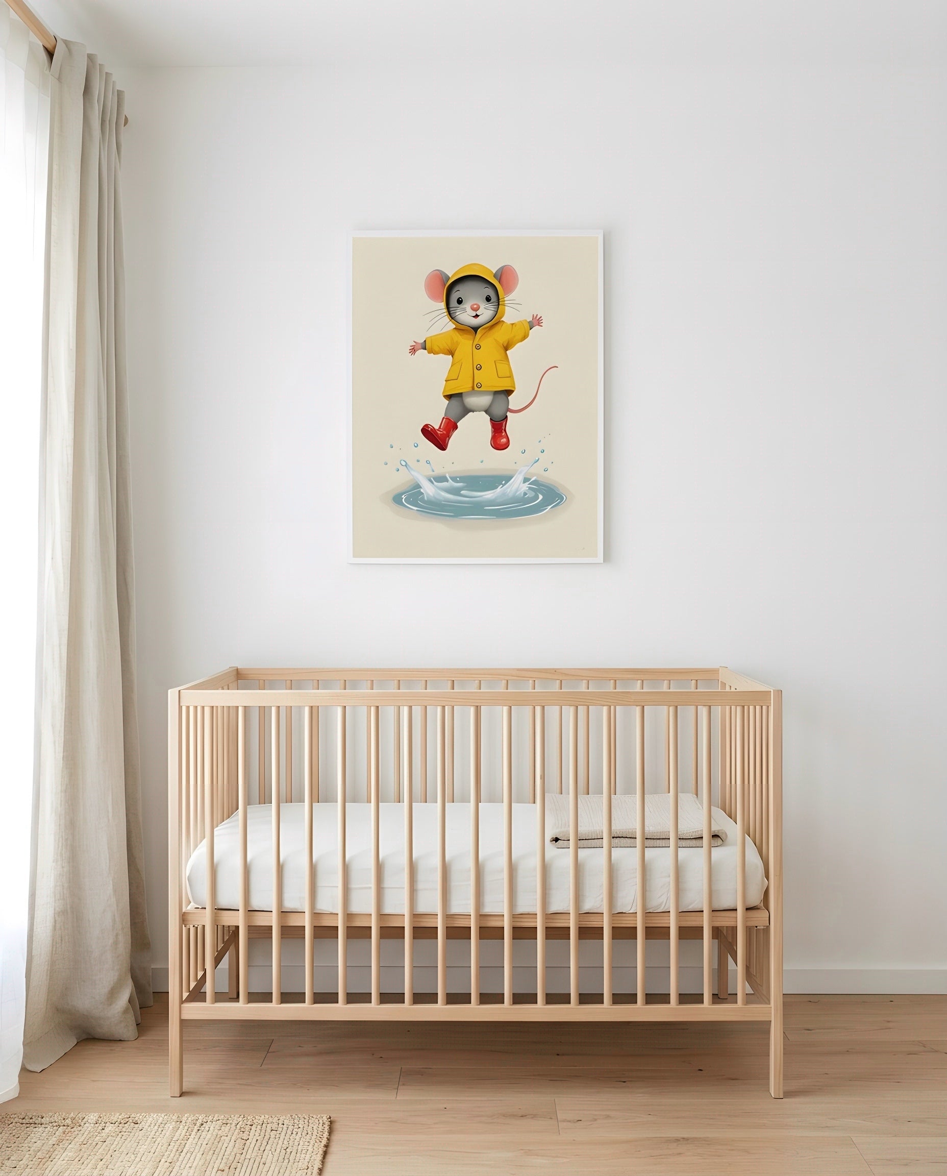 Nursery Retro Flat Character Mouse Puddle Jump Printable Wall Art — framed above a crib in a softly lit nursery