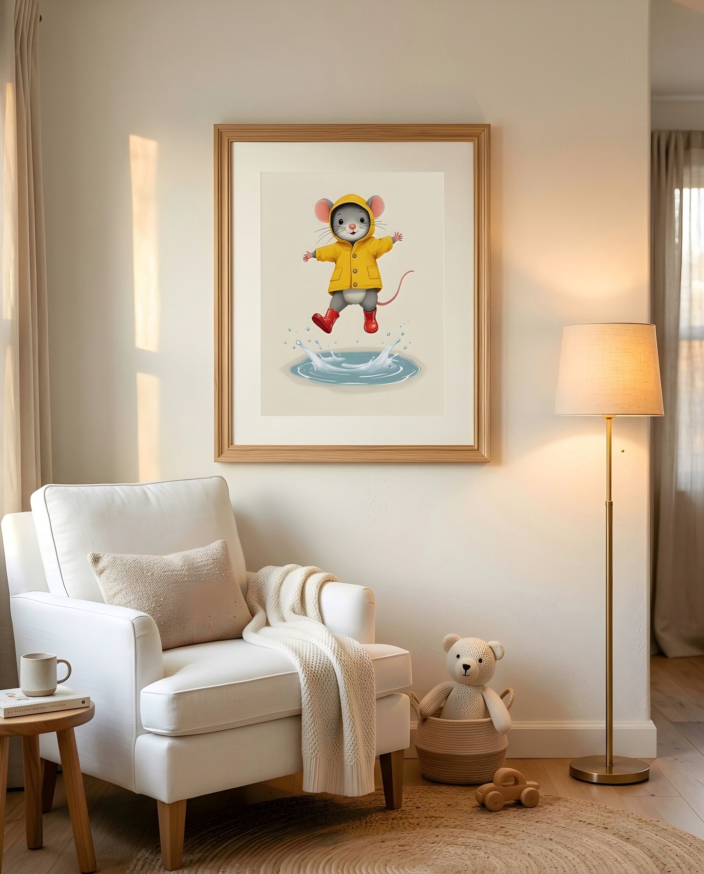 Nursery Retro Flat Character Mouse Puddle Jump Printable Wall Art — displayed in a styled room corner