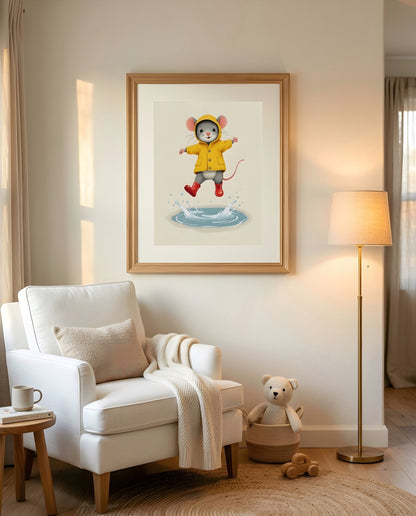 Nursery Retro Flat Character Mouse Puddle Jump Printable Wall Art — displayed in a styled room corner