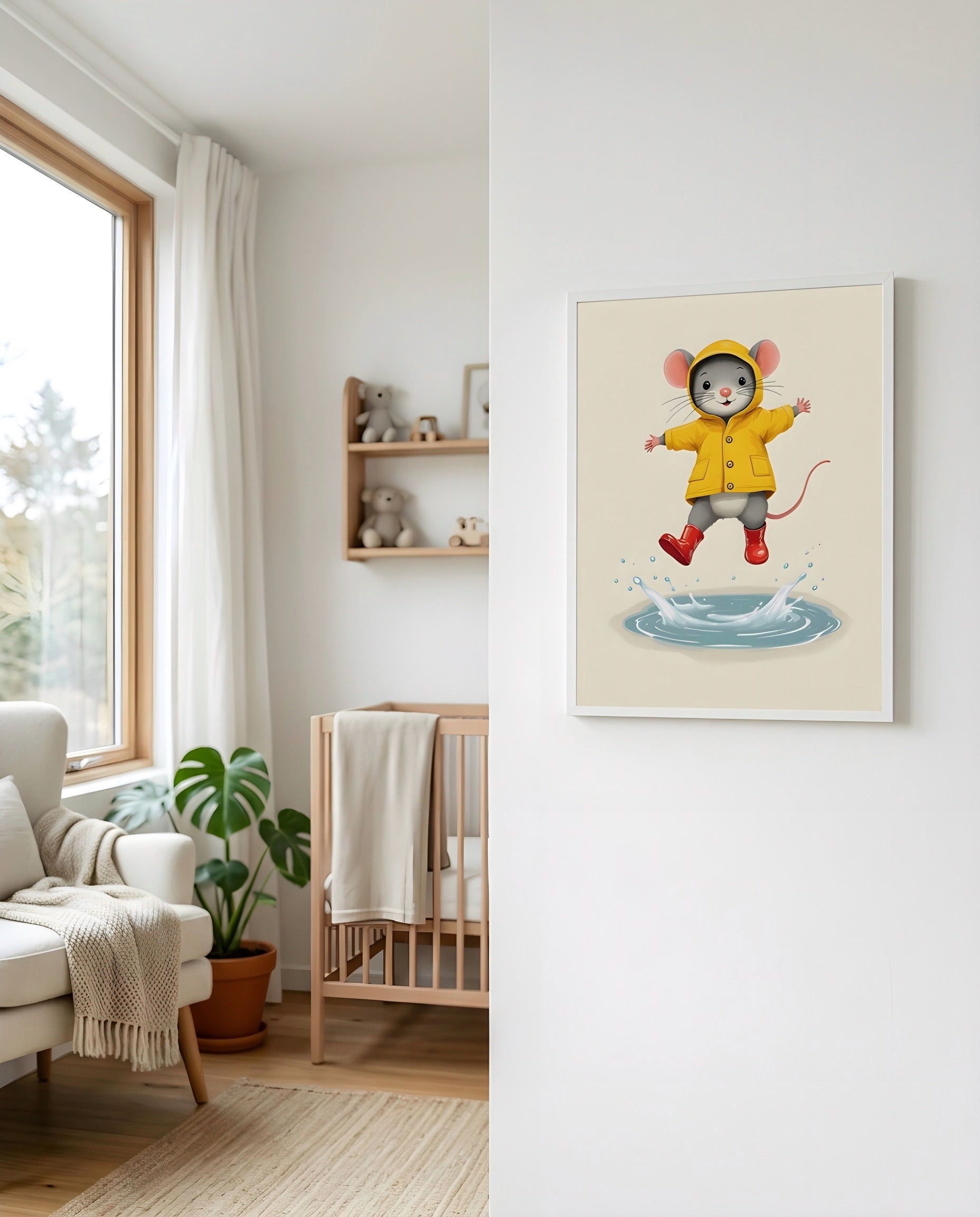 Nursery Retro Flat Character Mouse Puddle Jump Printable Wall Art — displayed beside a window in warm natural light