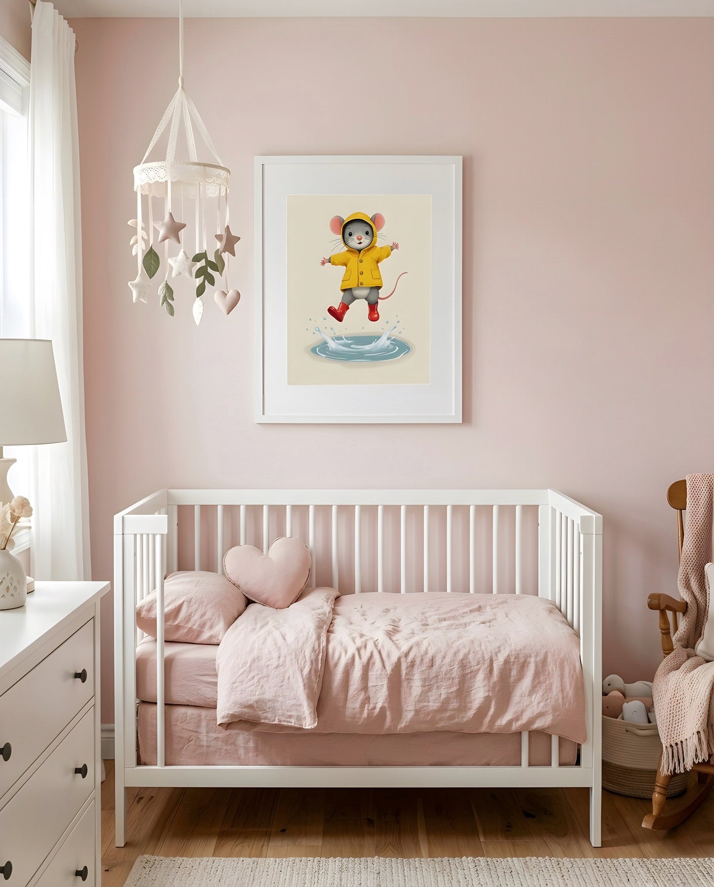 Nursery Retro Flat Character Mouse Puddle Jump Printable Wall Art — framed above a crib in a softly lit nursery