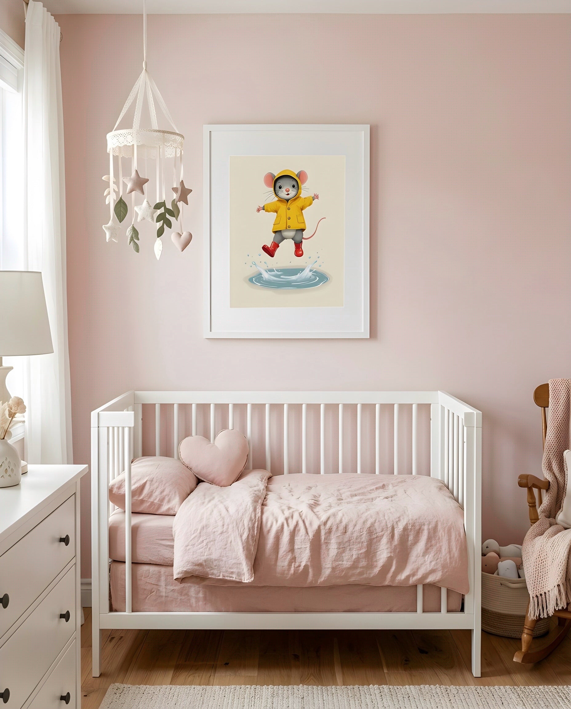 Nursery Retro Flat Character Mouse Puddle Jump Printable Wall Art — framed above a crib in a softly lit nursery
