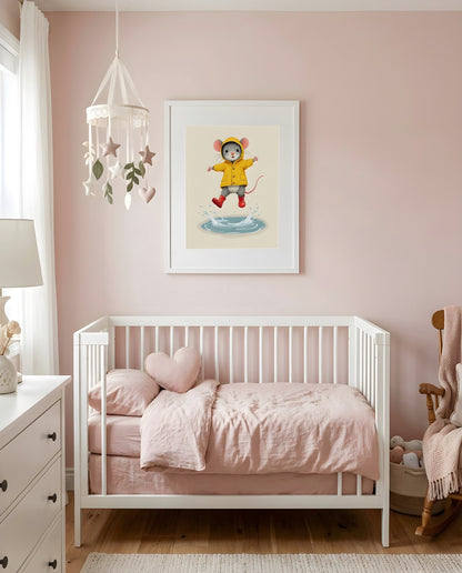 Nursery Retro Flat Character Mouse Puddle Jump Printable Wall Art — framed above a crib in a softly lit nursery