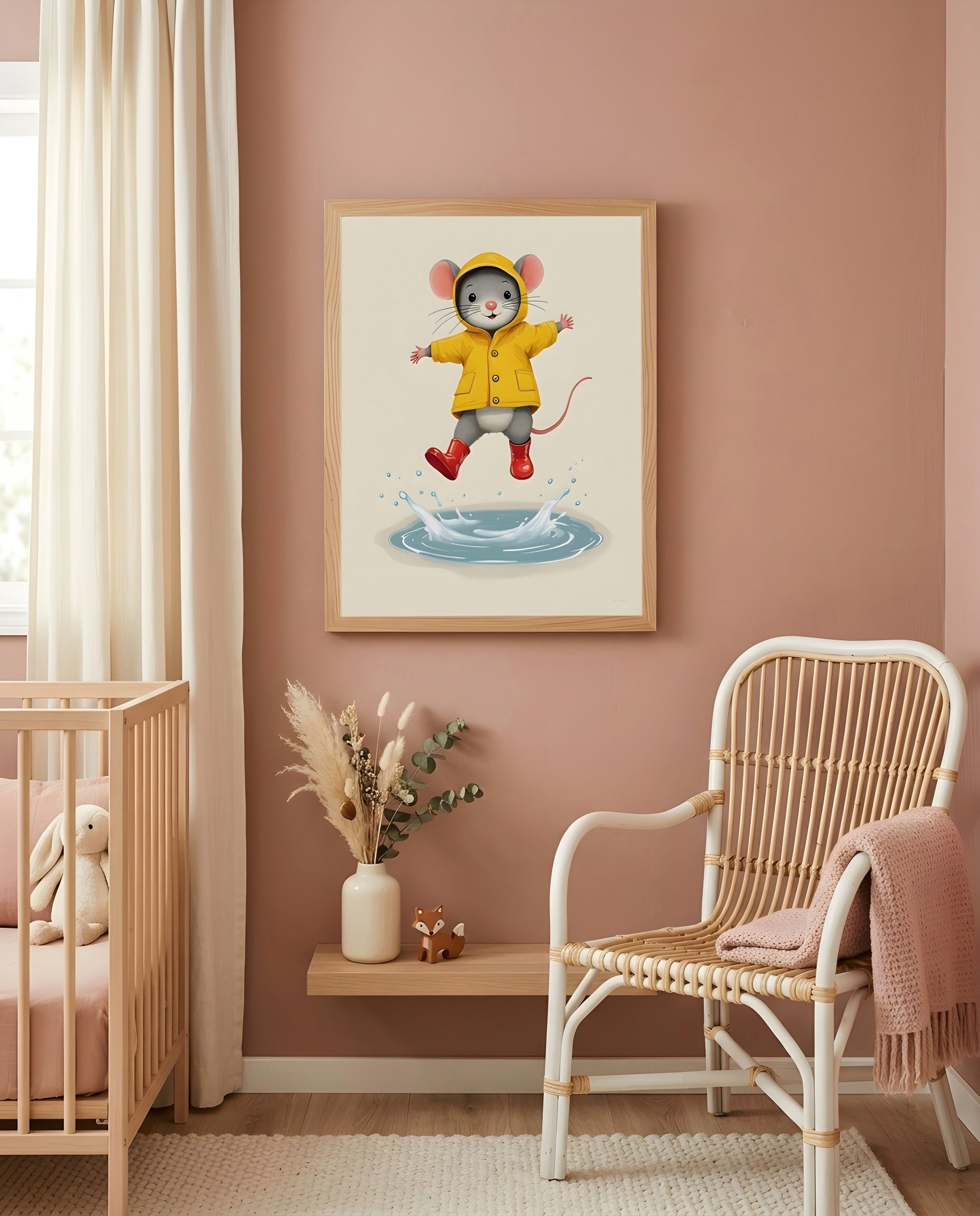 Nursery Retro Flat Character Mouse Puddle Jump Printable Wall Art — displayed in a styled room corner
