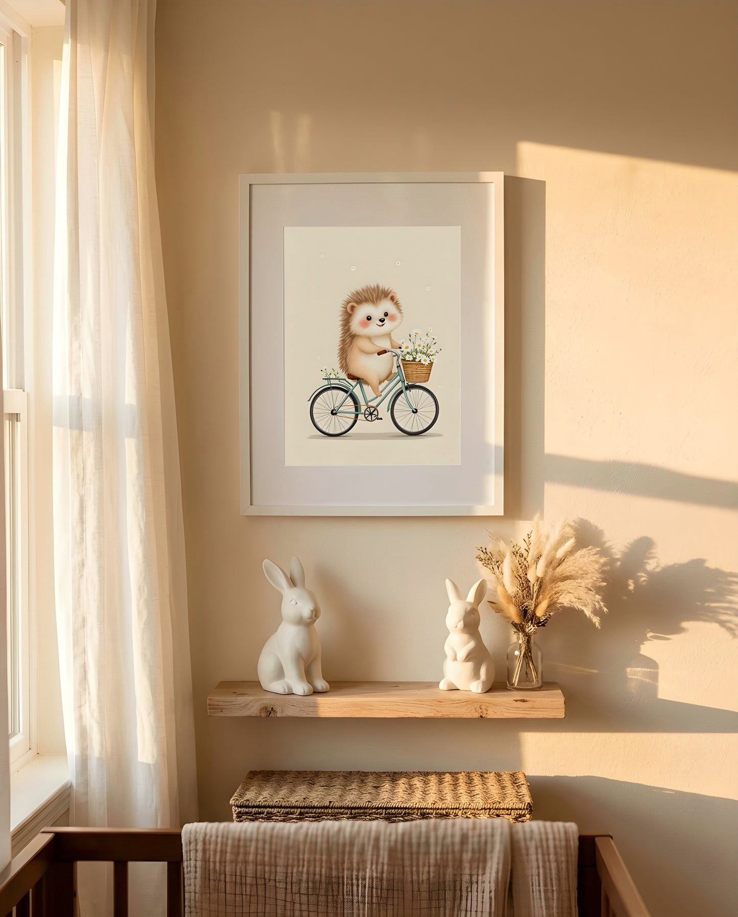 Nursery Retro Hedgehog Bicycle Printable Wall Art — framed in white on a neutral wall