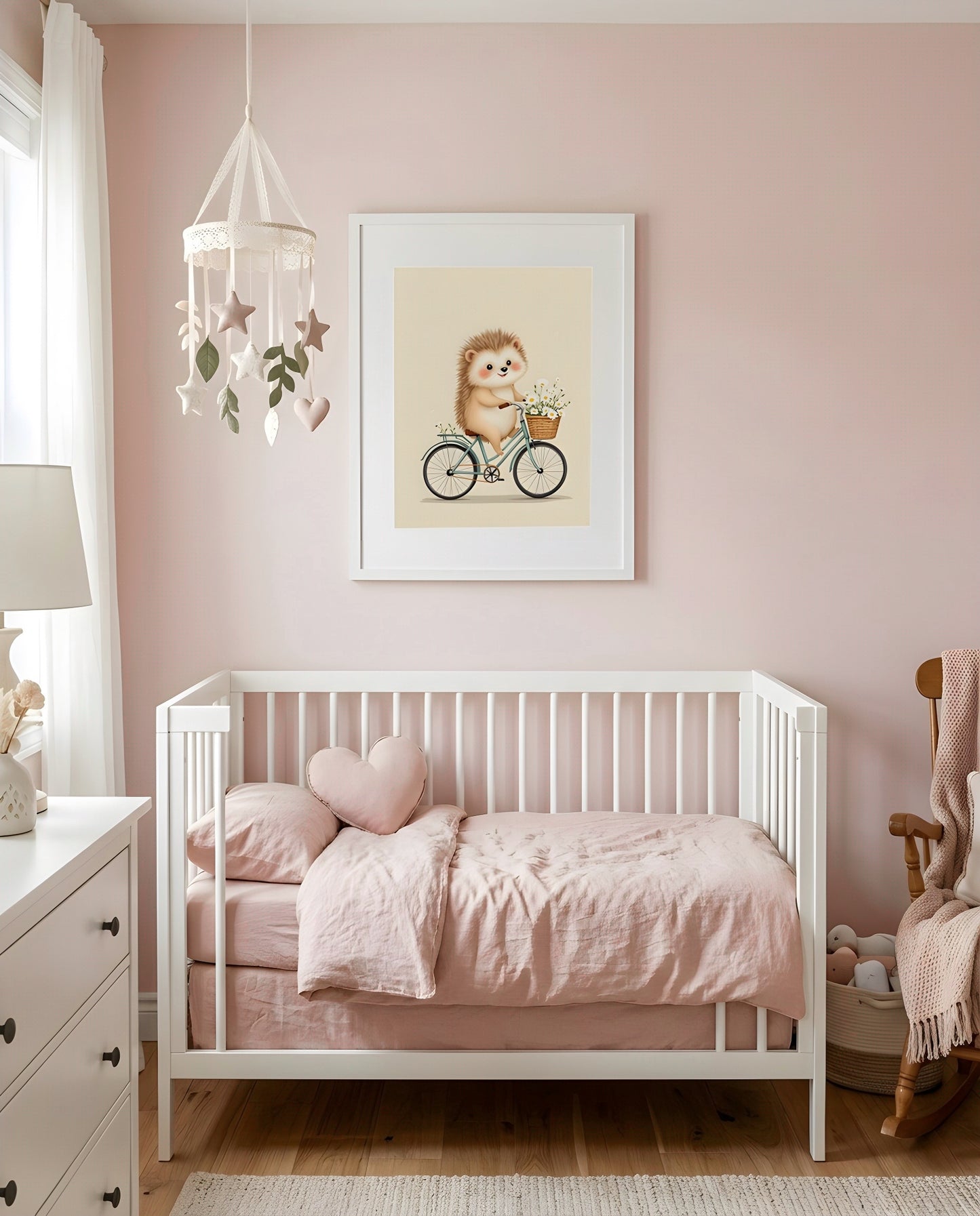 Nursery Retro Hedgehog Bicycle Printable Wall Art — framed above a crib in a softly lit nursery