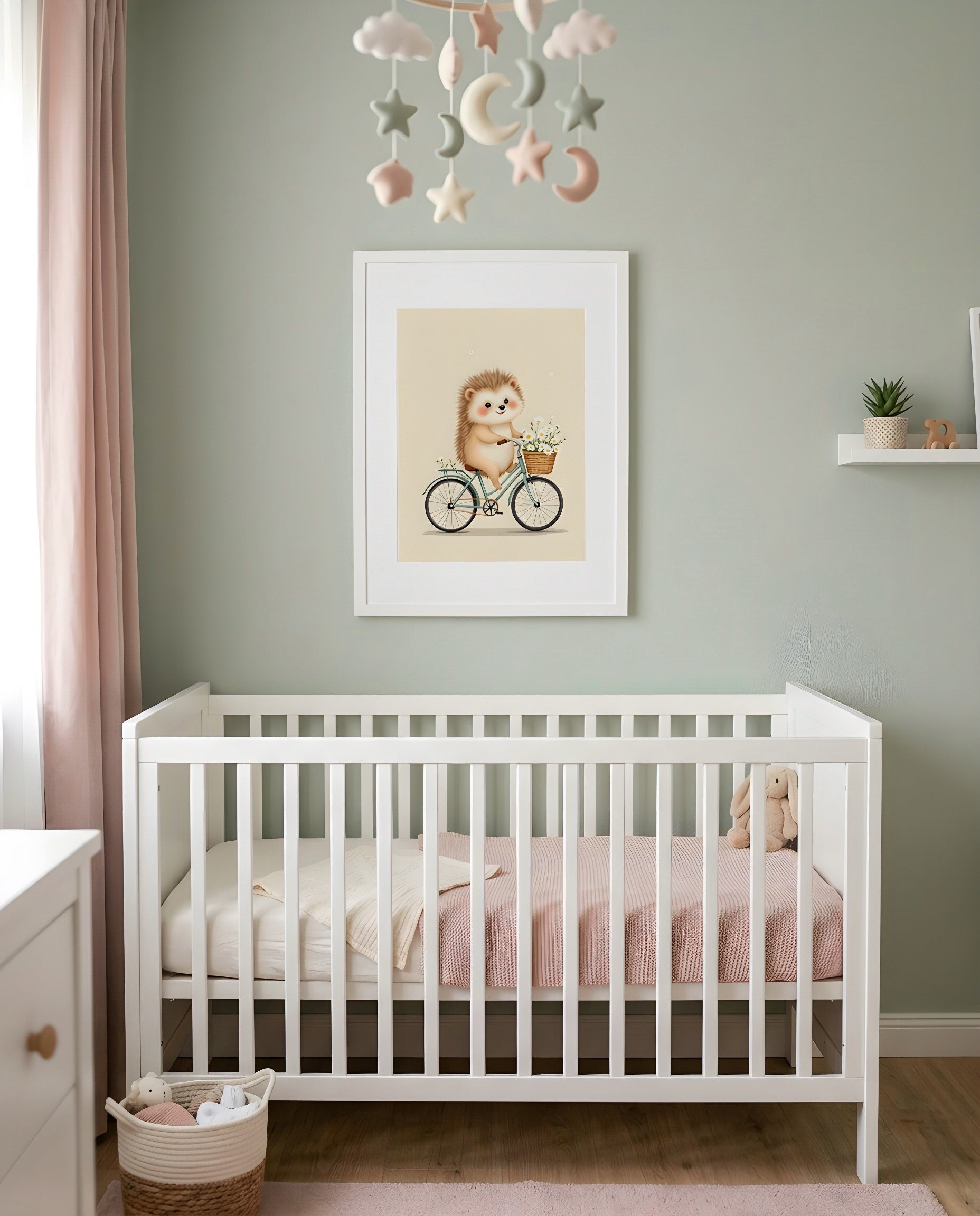 Nursery Retro Hedgehog Bicycle Printable Wall Art — framed above a crib in a softly lit nursery