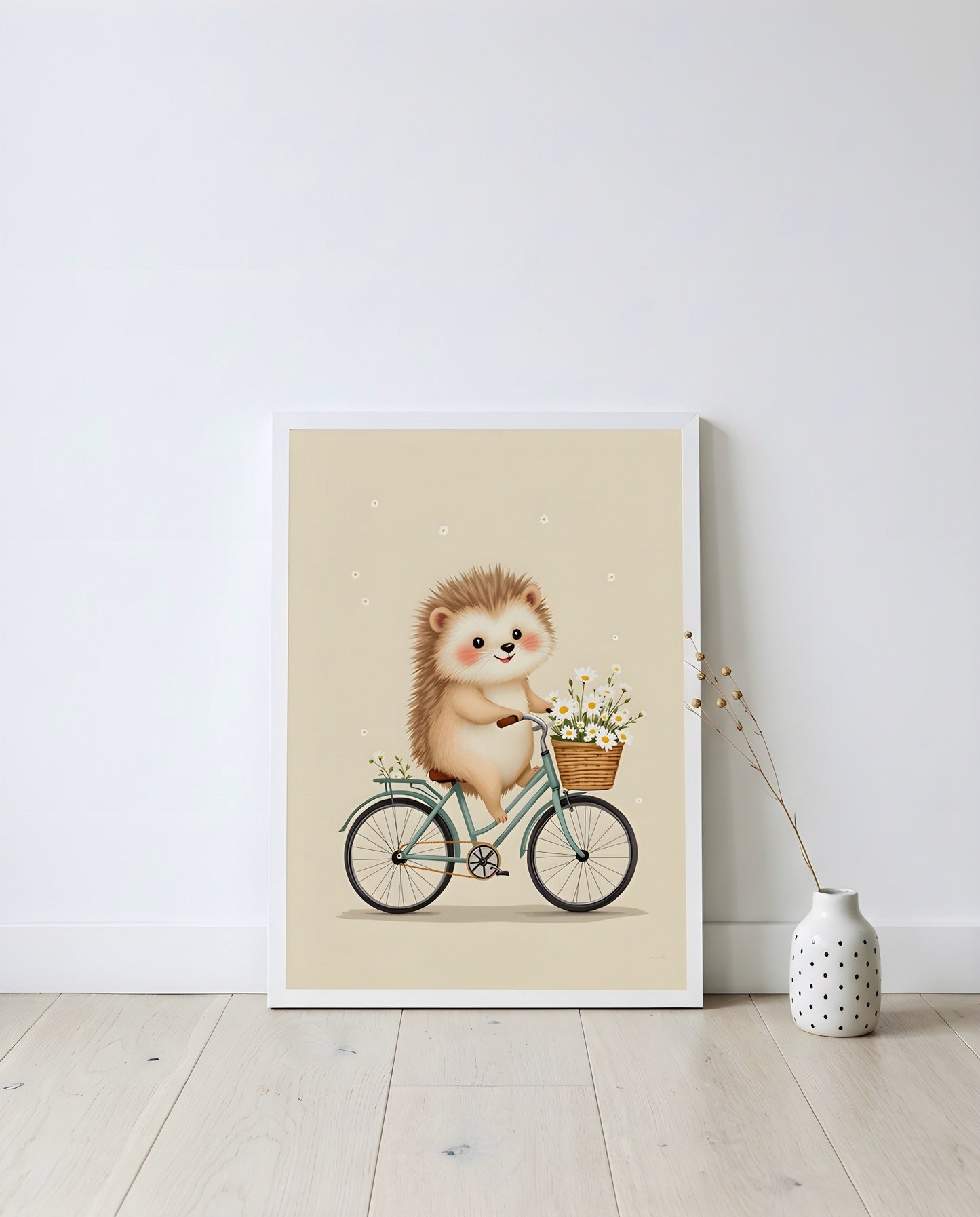 Nursery Retro Hedgehog Bicycle Printable Wall Art — displayed in a styled home setting