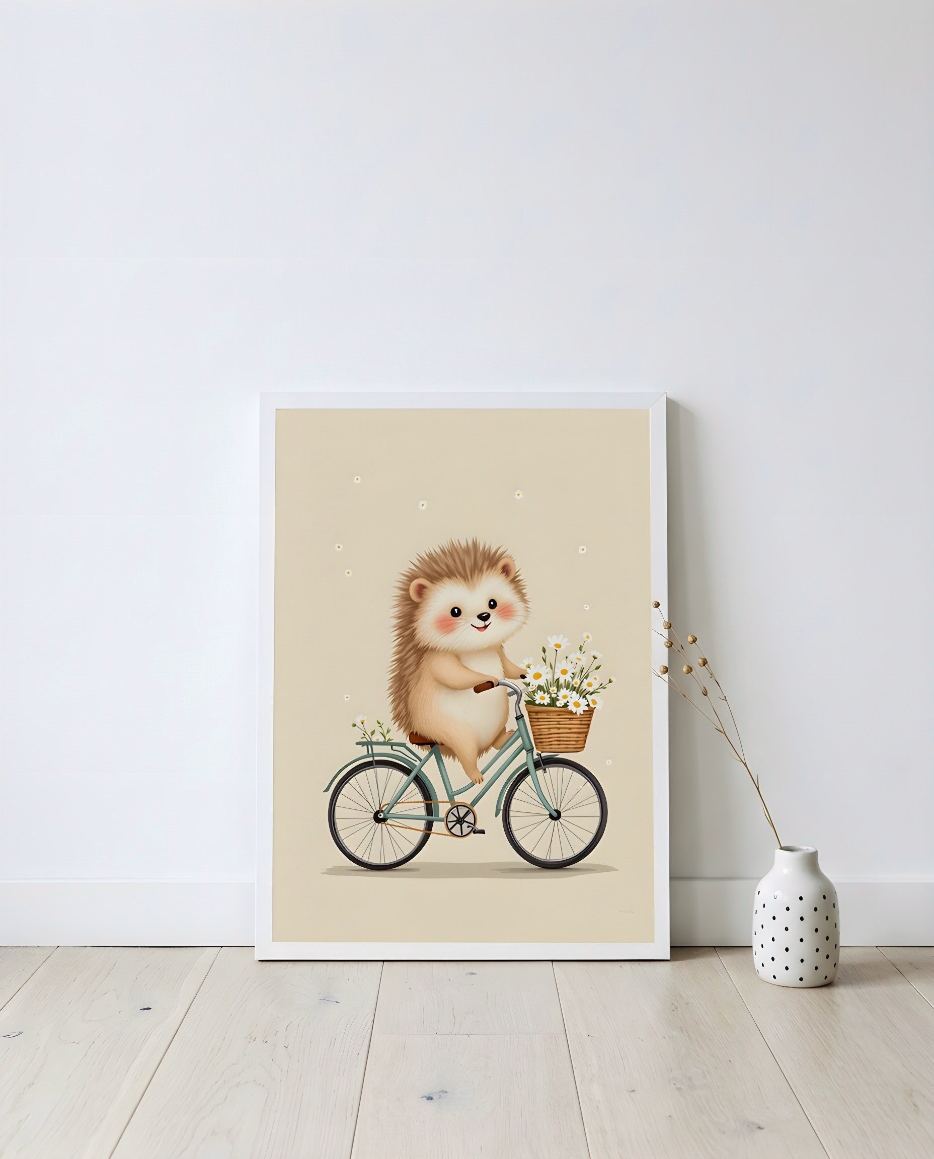 Nursery Retro Hedgehog Bicycle Printable Wall Art — displayed in a styled home setting