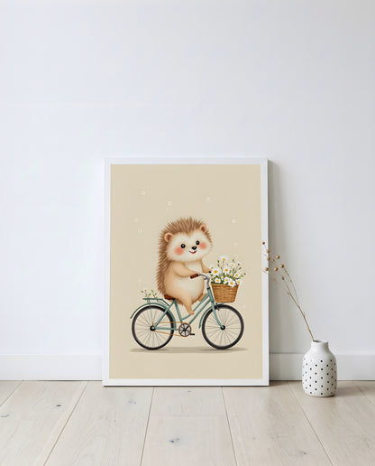 Nursery Retro Hedgehog Bicycle Printable Wall Art — displayed in a styled home setting