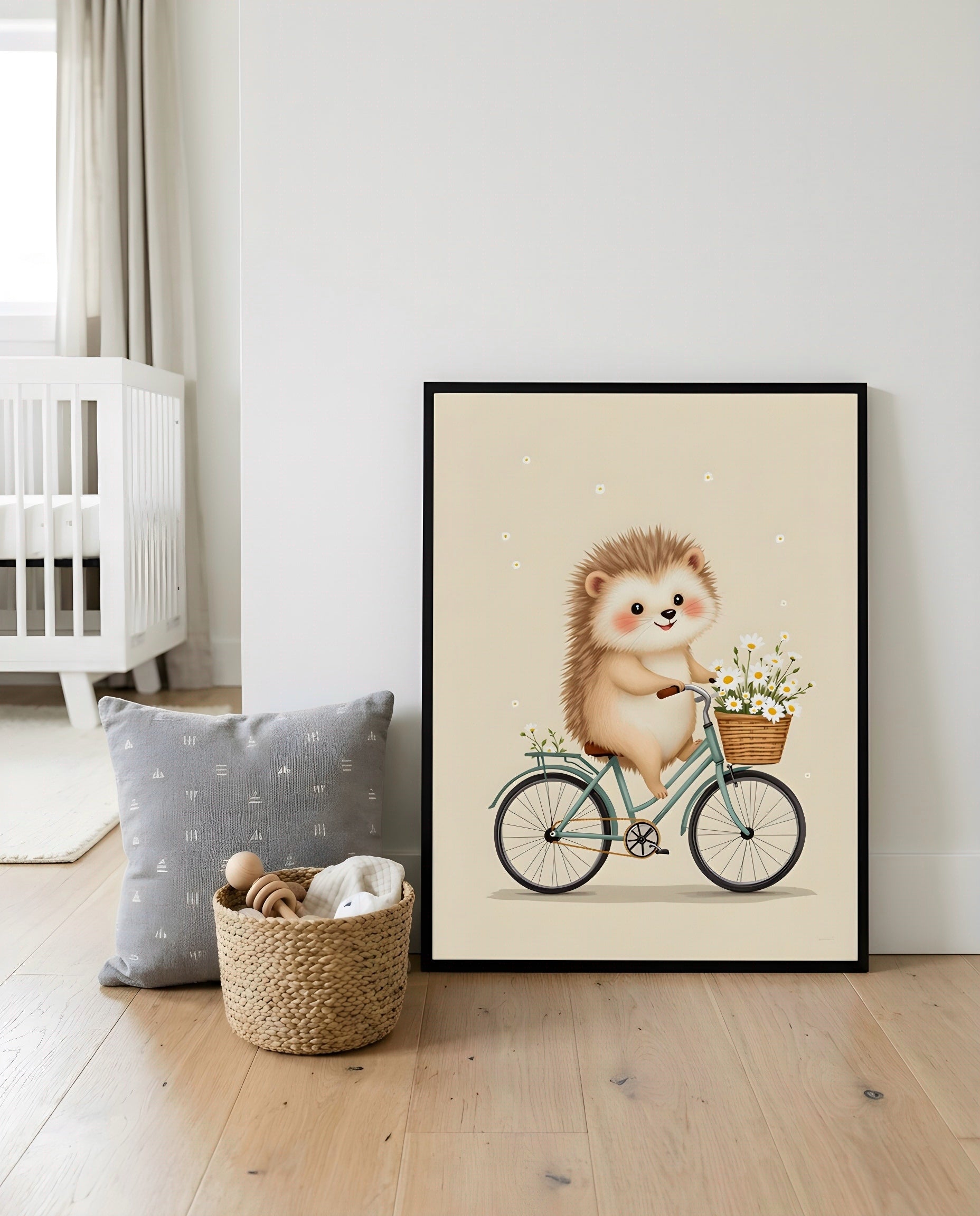 Nursery Retro Hedgehog Bicycle Printable Wall Art — displayed in a styled home setting
