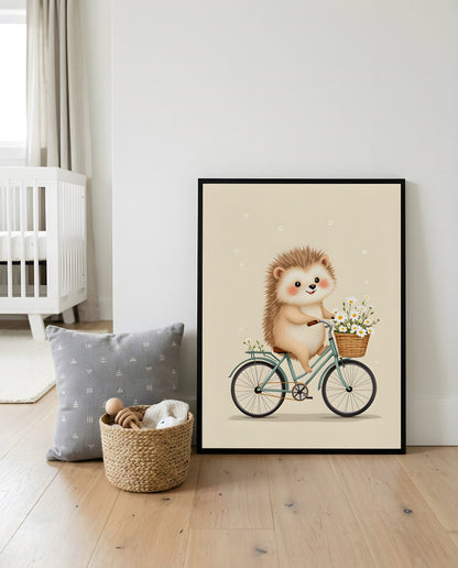 Nursery Retro Hedgehog Bicycle Printable Wall Art — displayed in a styled home setting