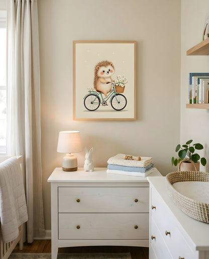 Nursery Retro Hedgehog Bicycle Printable Wall Art — hung above a dresser on a warm-toned wall