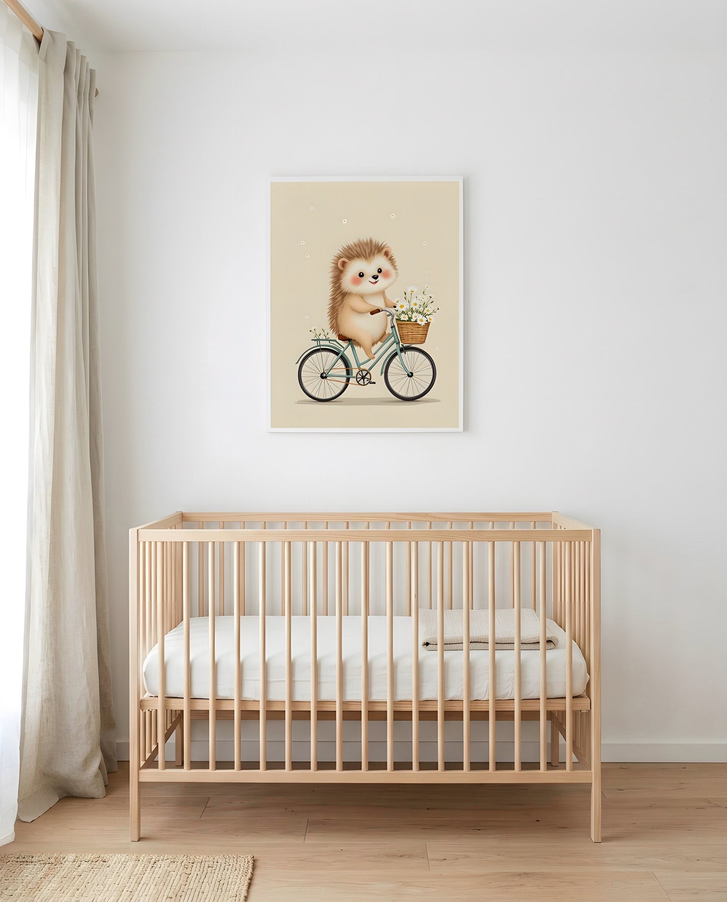 Nursery Retro Hedgehog Bicycle Printable Wall Art — framed above a crib in a softly lit nursery