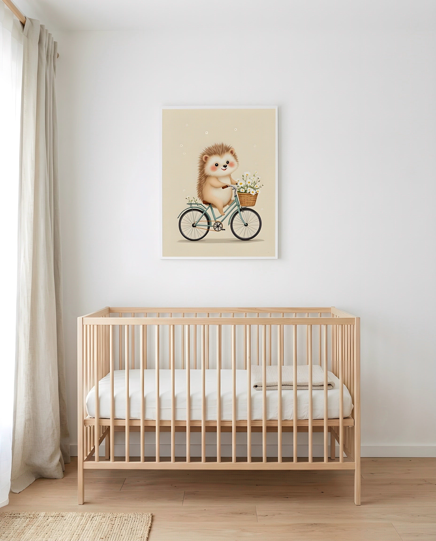 Nursery Retro Hedgehog Bicycle Printable Wall Art — framed above a crib in a softly lit nursery