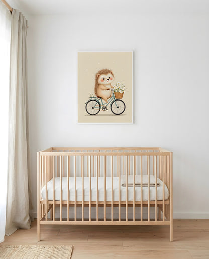 Nursery Retro Hedgehog Bicycle Printable Wall Art — framed above a crib in a softly lit nursery