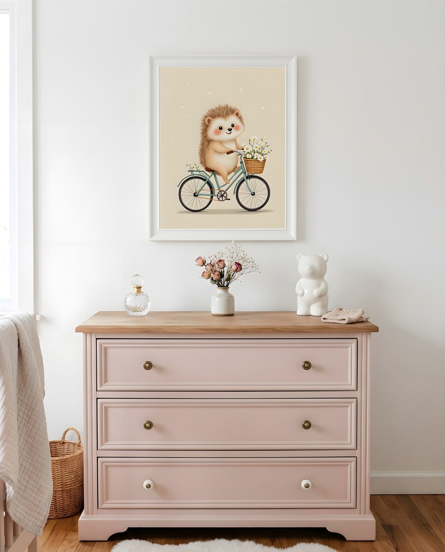 Nursery Retro Hedgehog Bicycle Printable Wall Art — hung above a dresser on a warm-toned wall