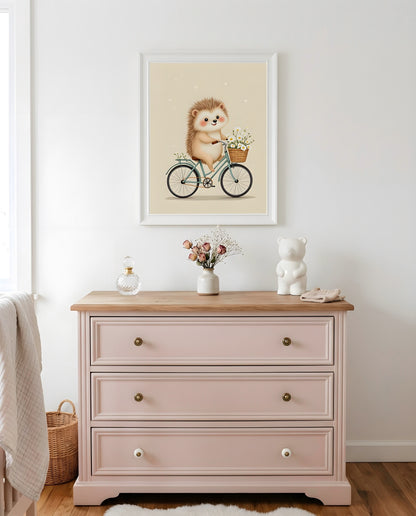 Nursery Retro Hedgehog Bicycle Printable Wall Art — hung above a dresser on a warm-toned wall