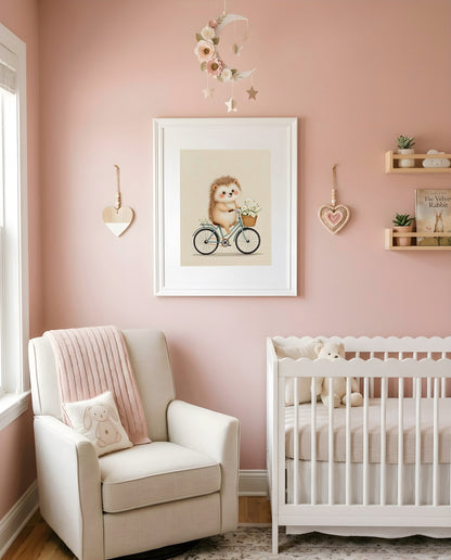 Nursery Retro Hedgehog Bicycle Printable Wall Art — as part of a gallery wall arrangement