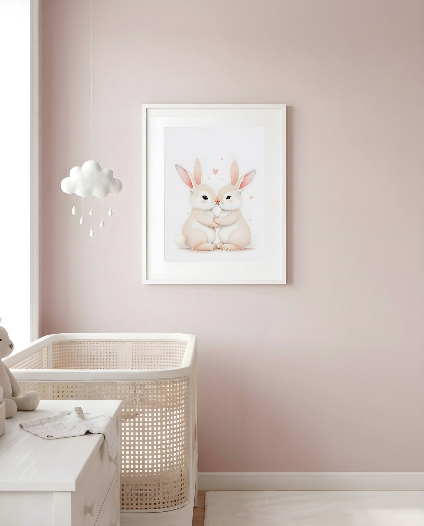 Nursery Sibling Bunnies Soft Watercolour Printable Wall Art — framed in white on a neutral wall