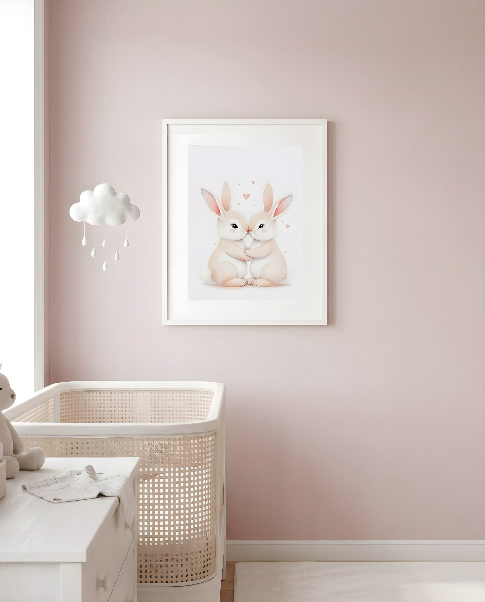 Nursery Sibling Bunnies Soft Watercolour Printable Wall Art — framed in white on a neutral wall