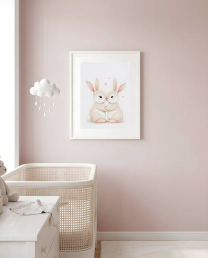Nursery Sibling Bunnies Soft Watercolour Printable Wall Art — framed in white on a neutral wall