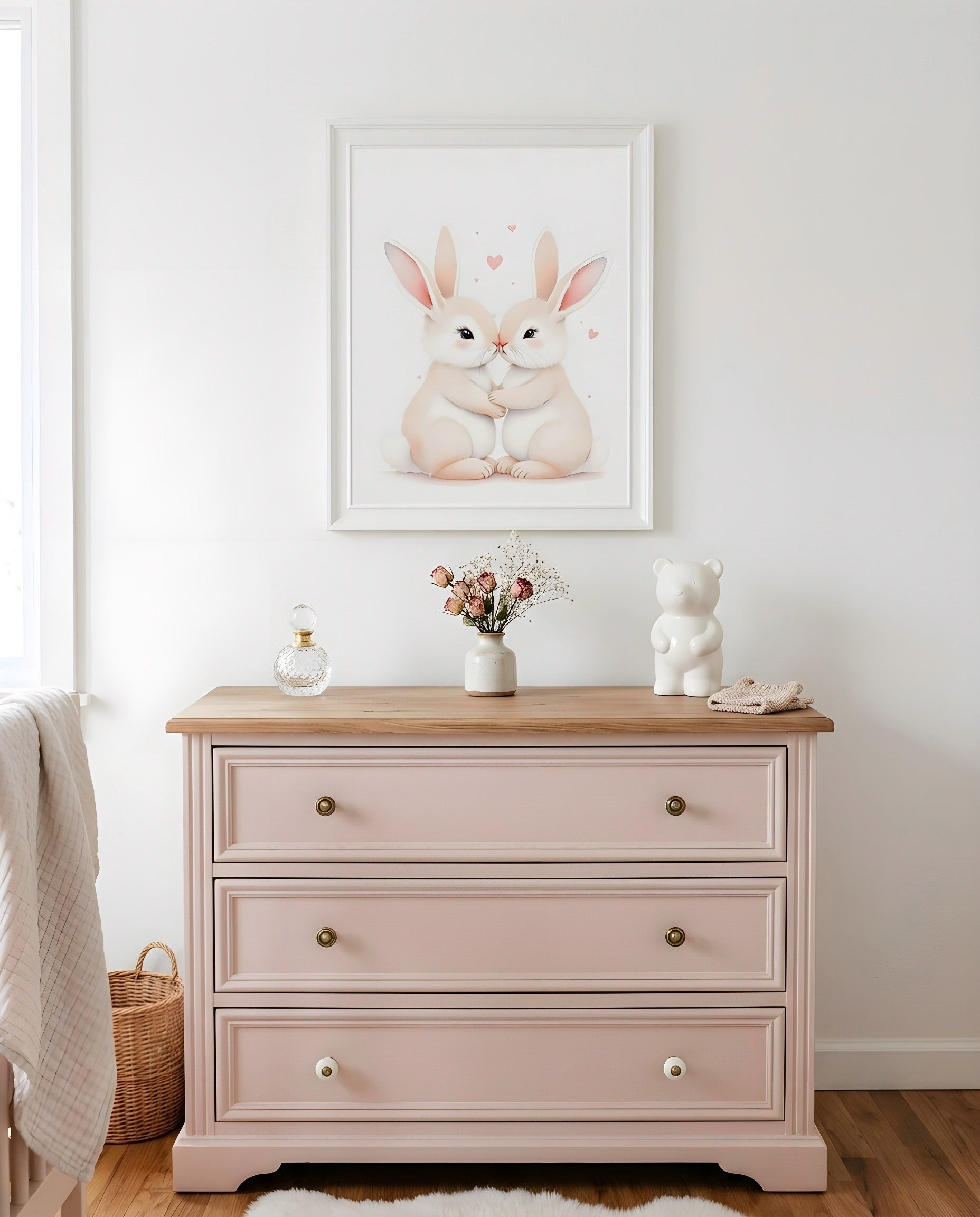 Nursery Sibling Bunnies Soft Watercolour Printable Wall Art — hung above a dresser on a warm-toned wall