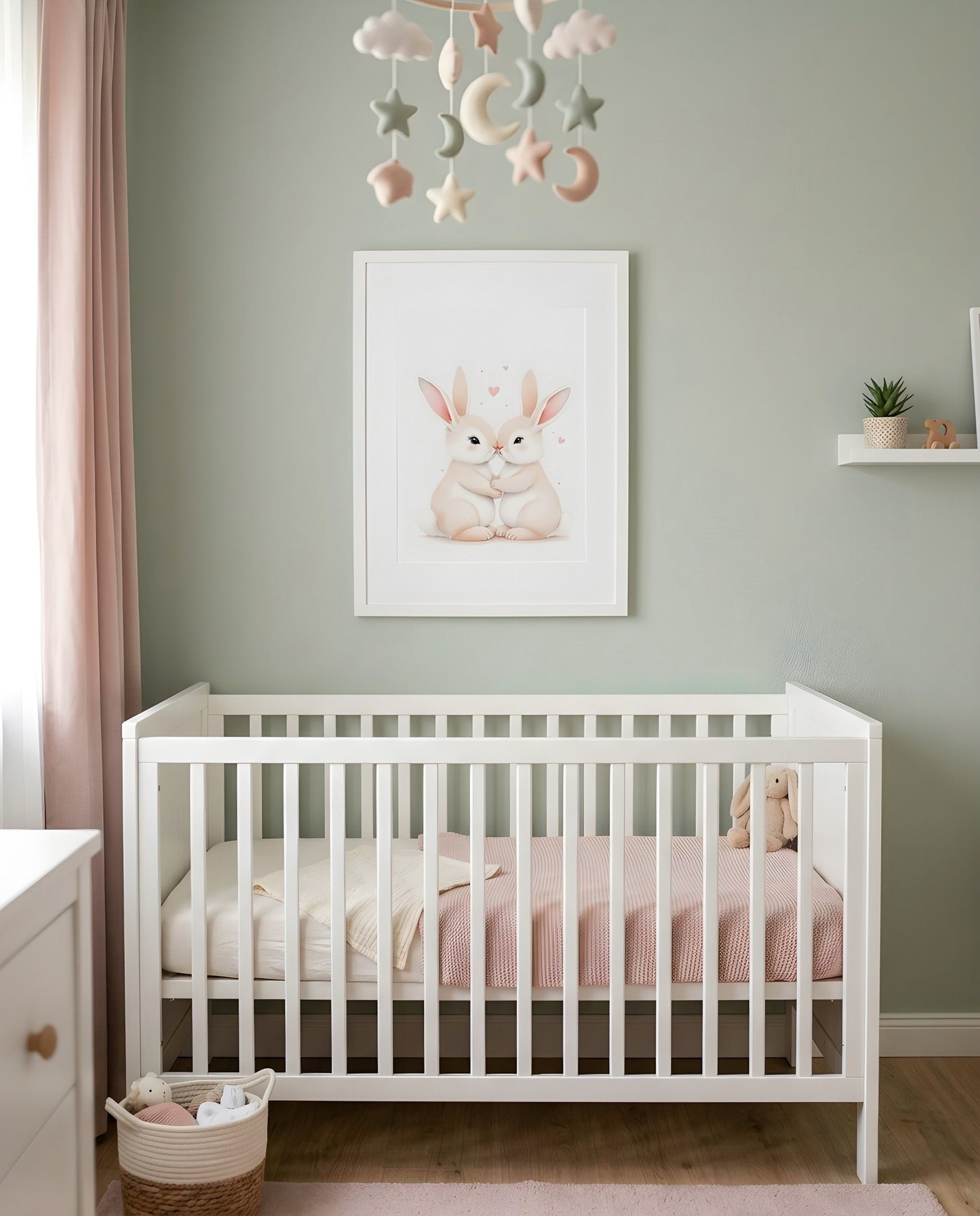 Nursery Sibling Bunnies Soft Watercolour Printable Wall Art — framed above a crib in a softly lit nursery