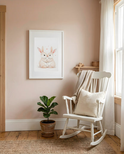 Nursery Sibling Bunnies Soft Watercolour Printable Wall Art — displayed in a styled room corner