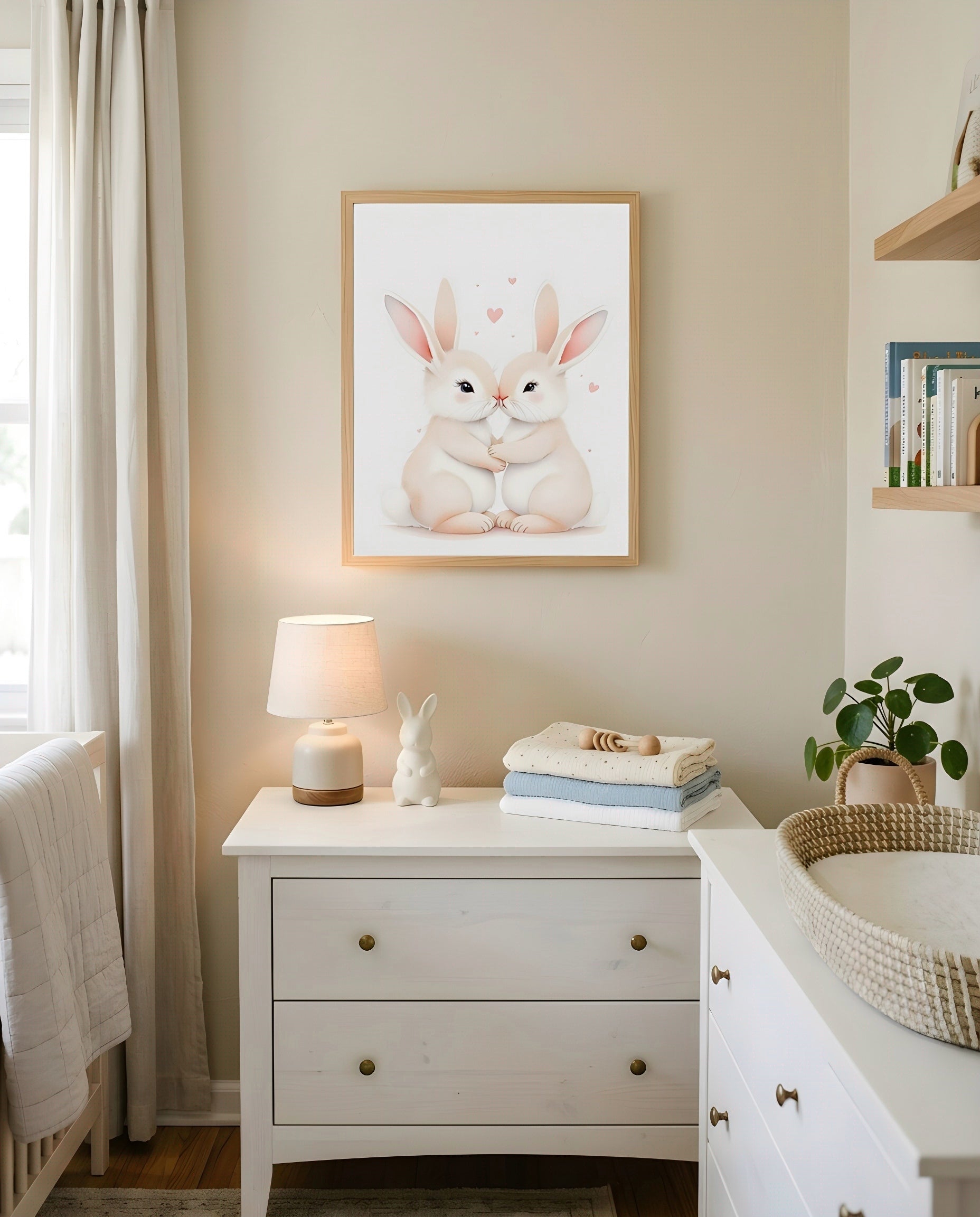 Nursery Sibling Bunnies Soft Watercolour Printable Wall Art — hung above a dresser on a warm-toned wall
