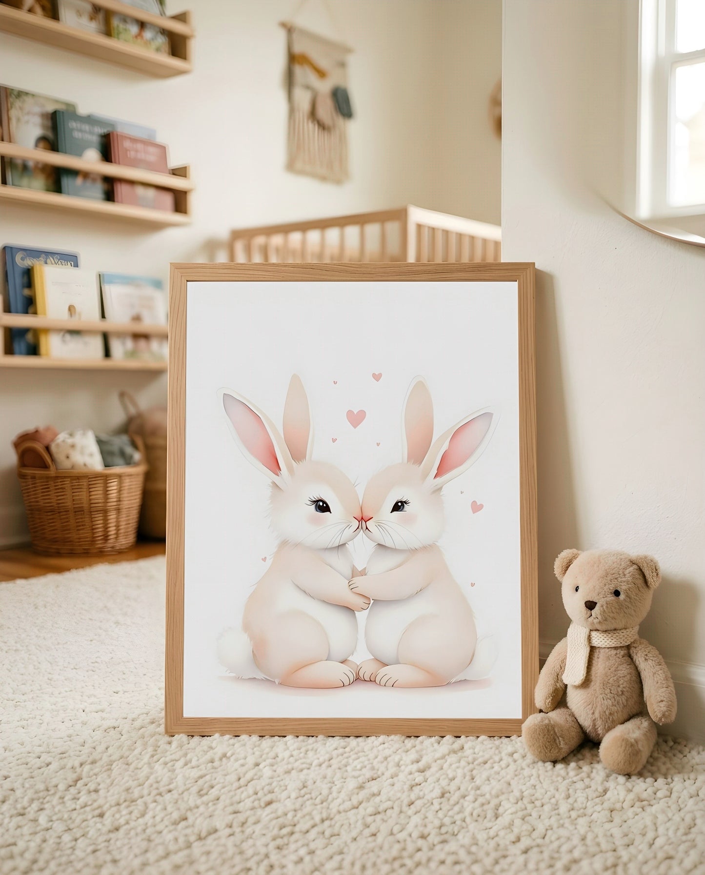 Nursery Sibling Bunnies Soft Watercolour Printable Wall Art — leaning against a wall in a minimal clean setting
