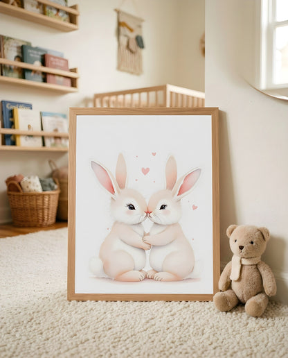 Nursery Sibling Bunnies Soft Watercolour Printable Wall Art — leaning against a wall in a minimal clean setting