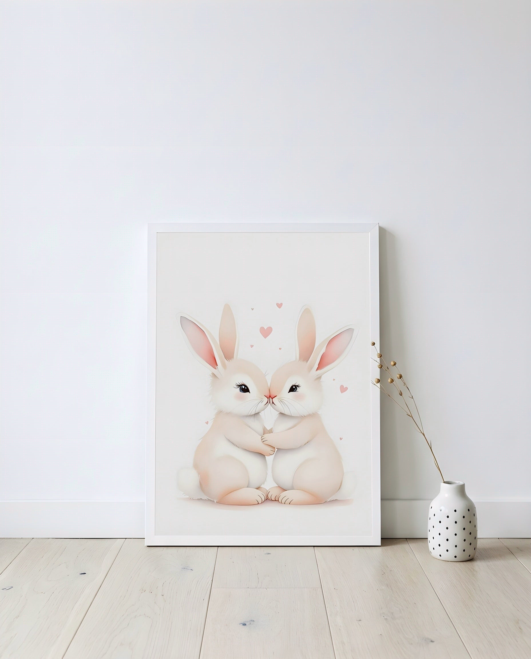Nursery Sibling Bunnies Soft Watercolour Printable Wall Art — displayed in a styled home setting