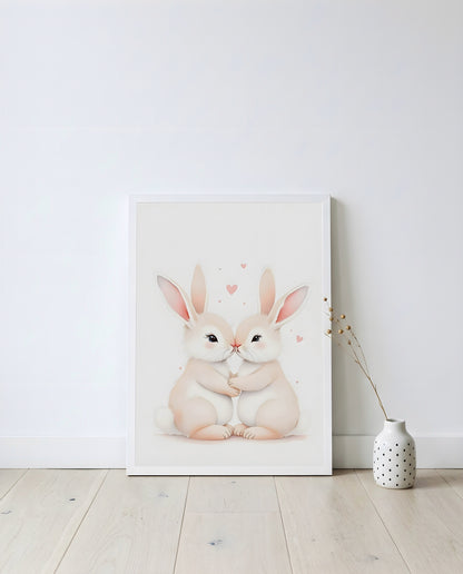 Nursery Sibling Bunnies Soft Watercolour Printable Wall Art — displayed in a styled home setting