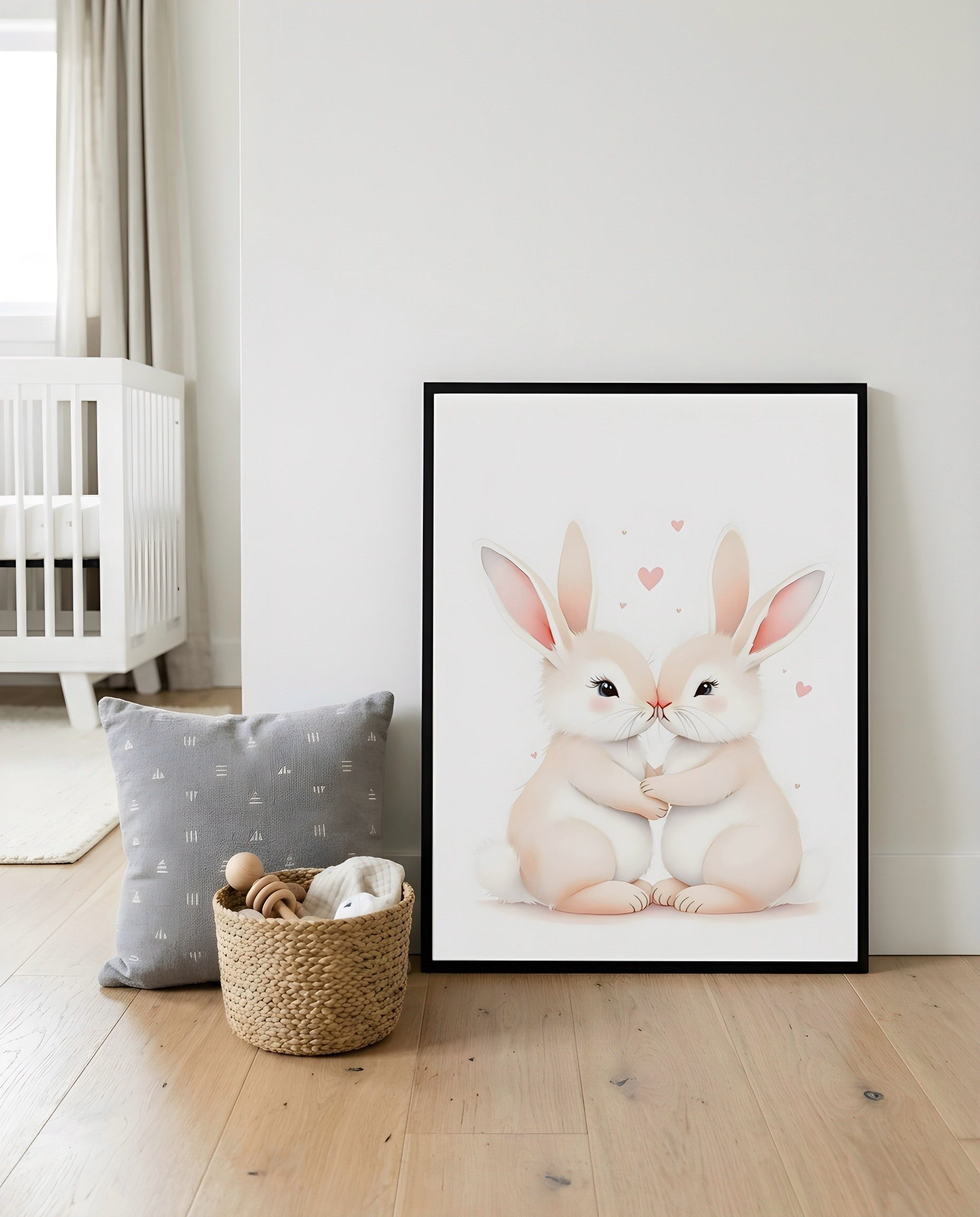 Nursery Sibling Bunnies Soft Watercolour Printable Wall Art — displayed in a styled home setting