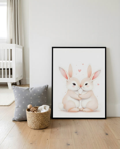 Nursery Sibling Bunnies Soft Watercolour Printable Wall Art — displayed in a styled home setting