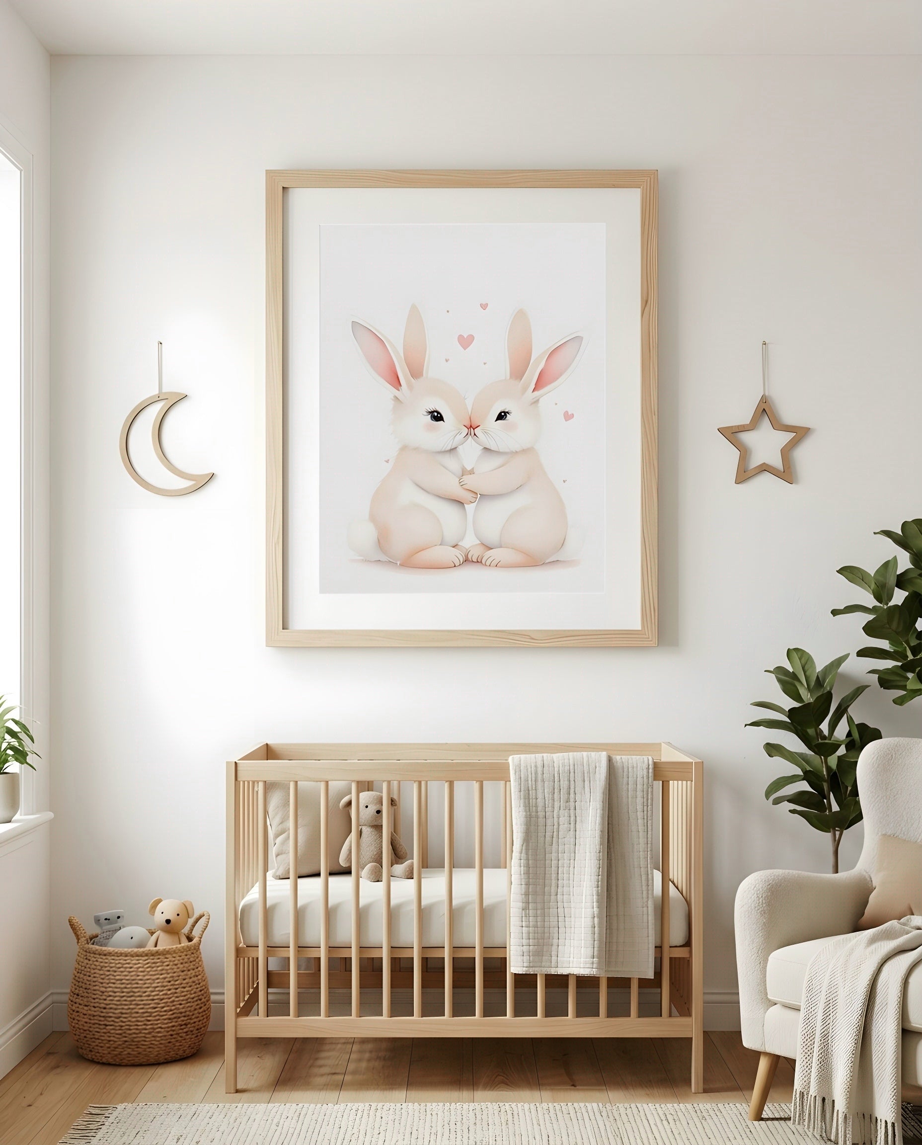 Nursery Sibling Bunnies Soft Watercolour Printable Wall Art — as part of a gallery wall arrangement