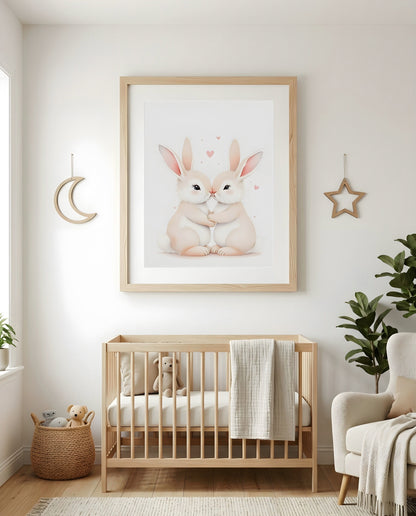 Nursery Sibling Bunnies Soft Watercolour Printable Wall Art — as part of a gallery wall arrangement