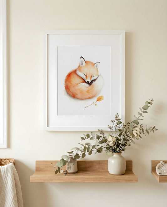 Nursery Sleeping Fox Watercolor Printable Wall Art — close-up on a shelf alongside small ornaments