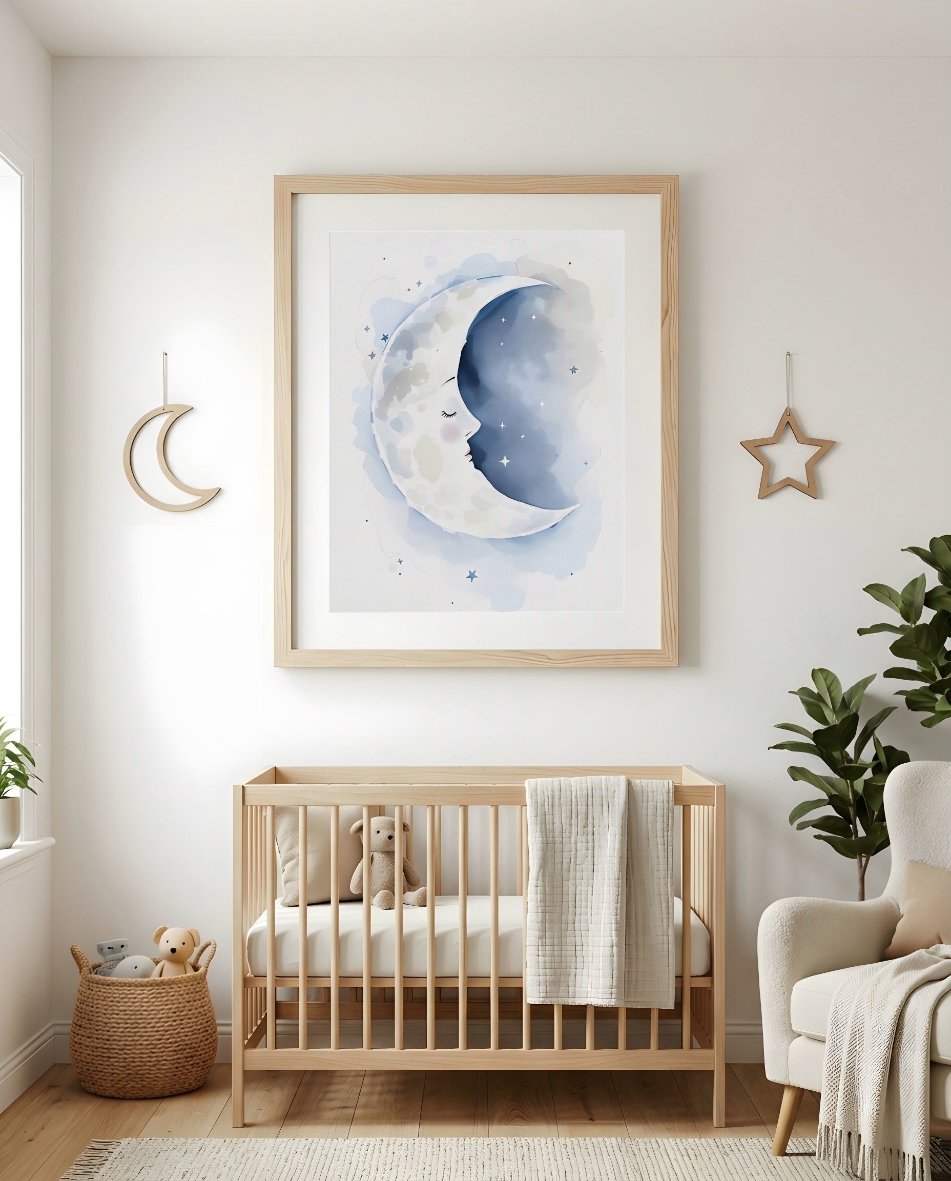 Nursery Sleeping Moon Minimal Watercolor Printable Wall Art — as part of a gallery wall arrangement
