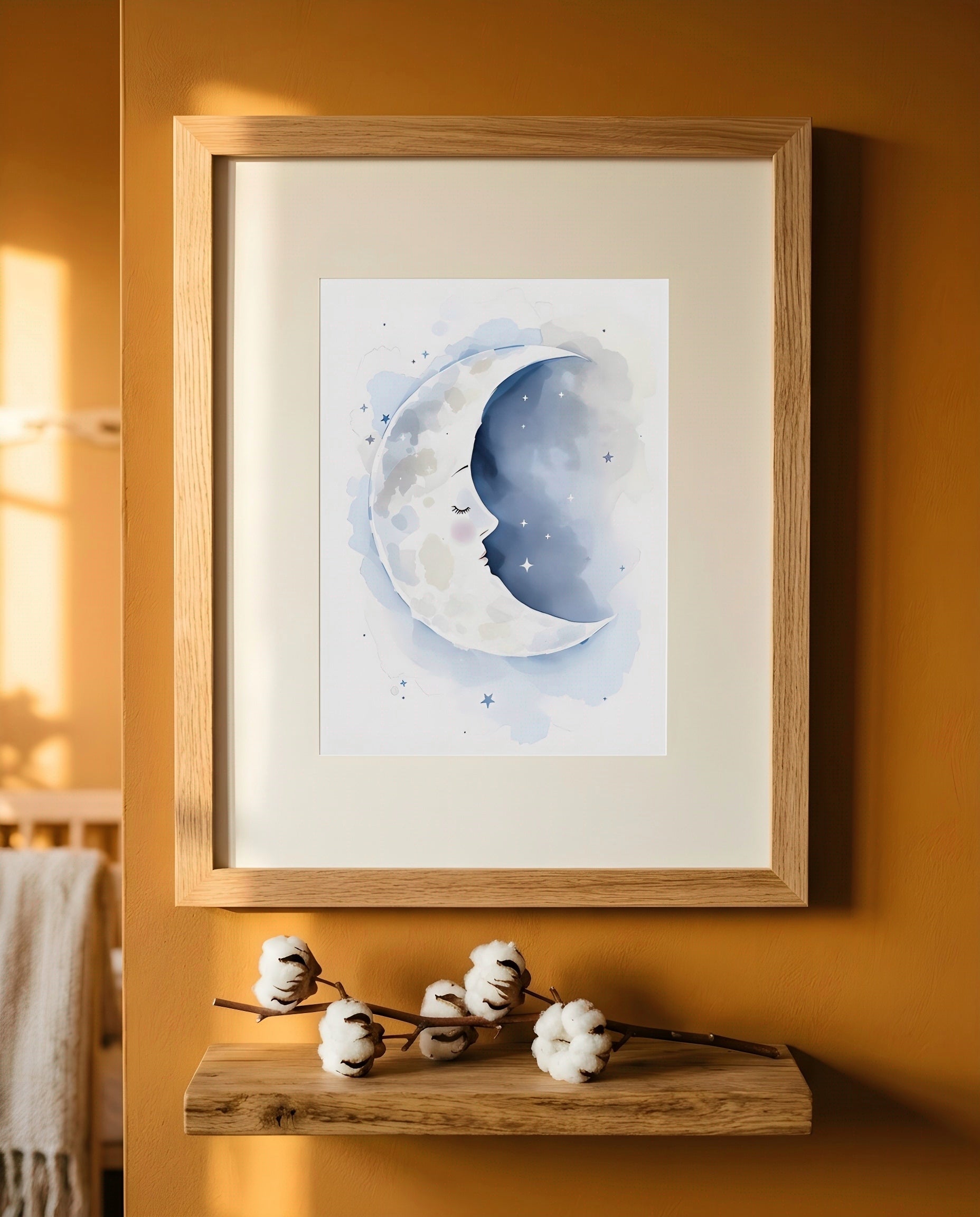 Nursery Sleeping Moon Minimal Watercolor Printable Wall Art — close-up on a shelf alongside small ornaments
