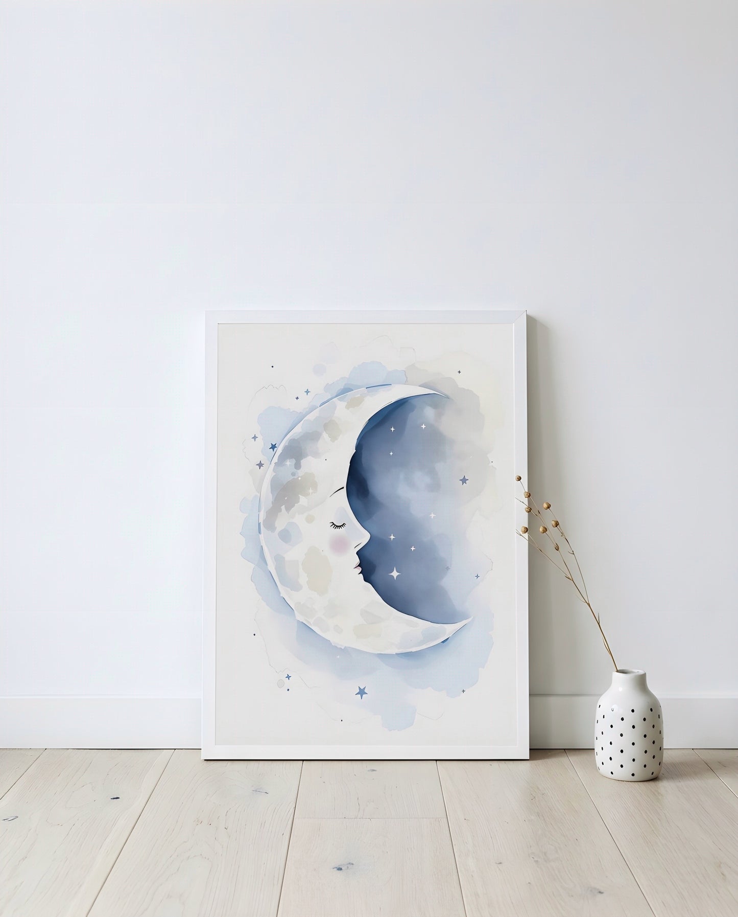 Nursery Sleeping Moon Minimal Watercolor Printable Wall Art — displayed in a styled home setting