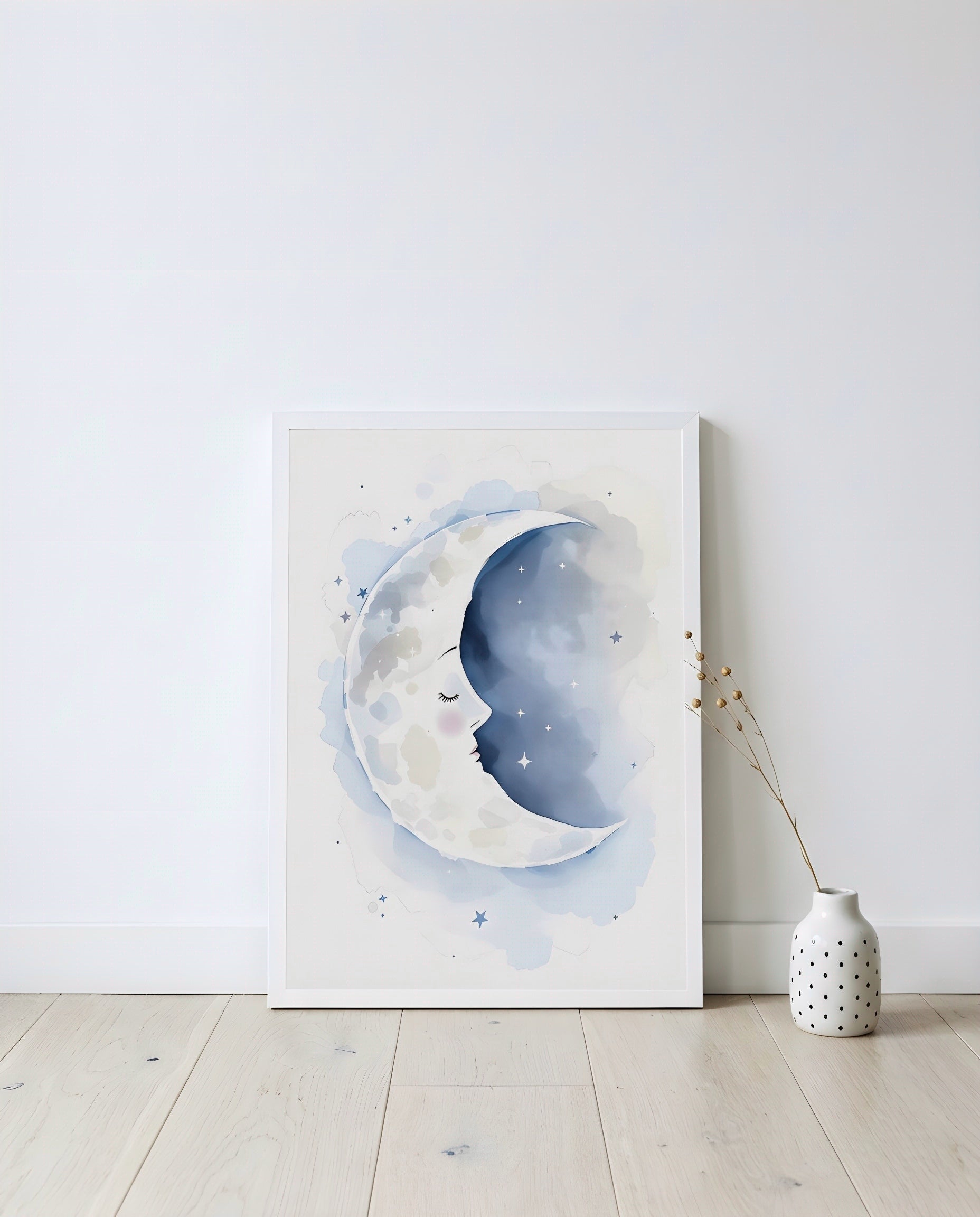 Nursery Sleeping Moon Minimal Watercolor Printable Wall Art — displayed in a styled home setting