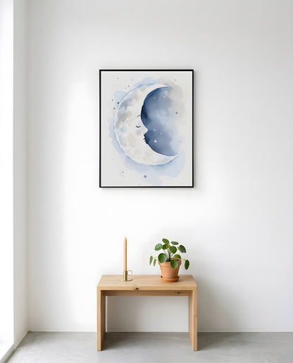 Nursery Sleeping Moon Minimal Watercolor Printable Wall Art — displayed in a styled room corner