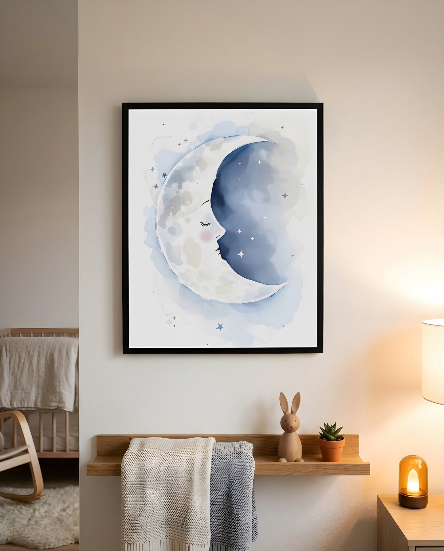 Nursery Sleeping Moon Minimal Watercolor Printable Wall Art — displayed in a styled home setting