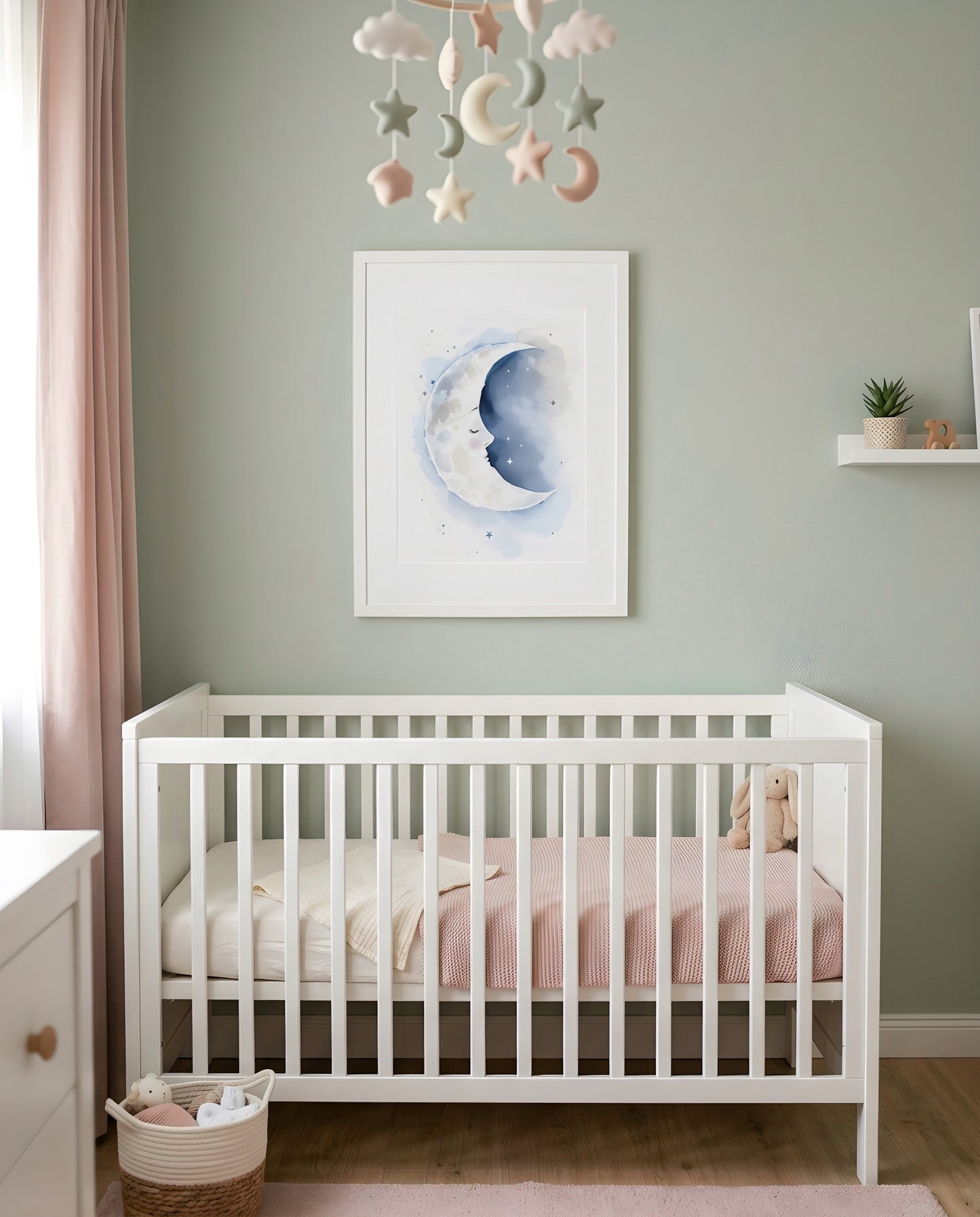 Nursery Sleeping Moon Minimal Watercolor Printable Wall Art — framed above a crib in a softly lit nursery