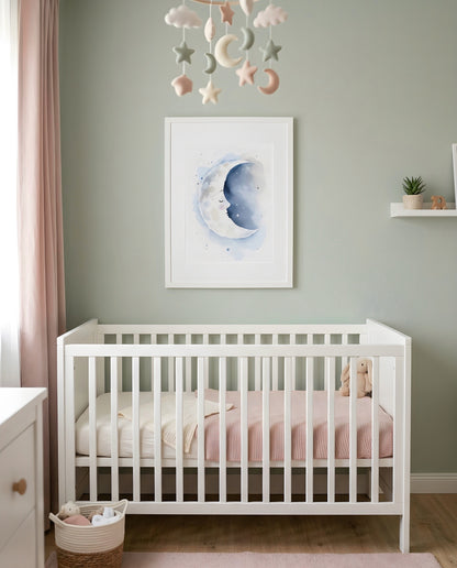 Nursery Sleeping Moon Minimal Watercolor Printable Wall Art — framed above a crib in a softly lit nursery